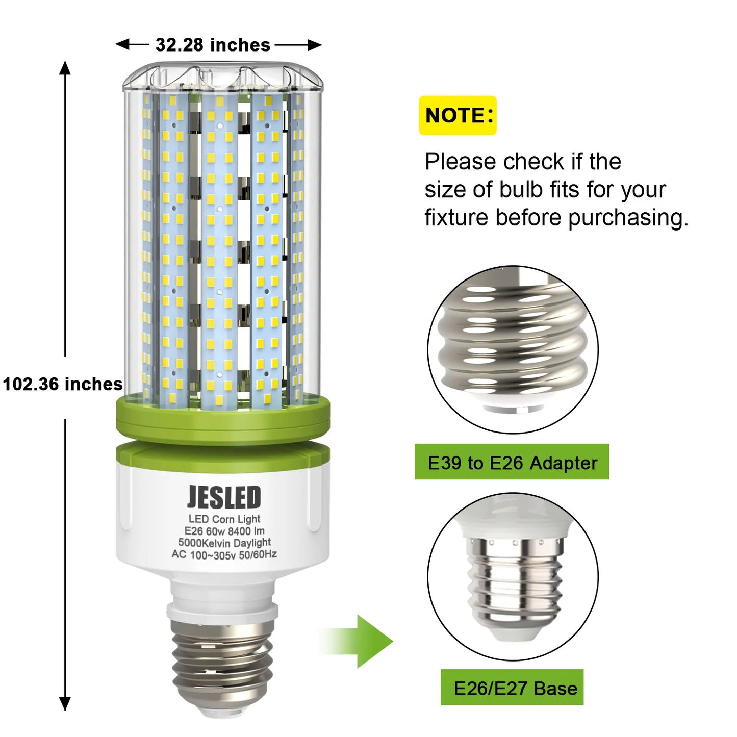 JESLED 30W/60W LED Corn Cob Light Bulbs E26 E27 E39 E40 Base