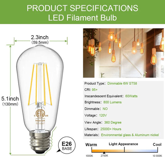 Dimmable Vintage ST58 Filament LED Edison Bulbs, 6W 800LM