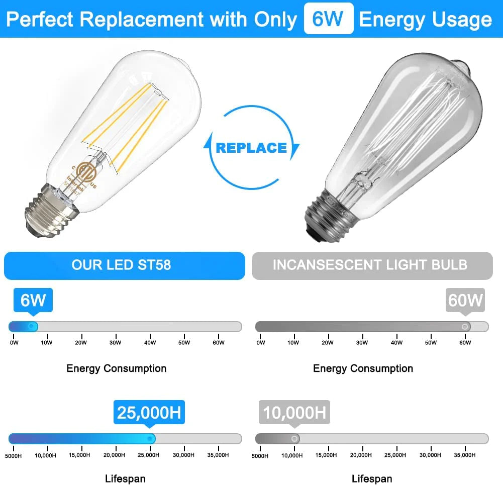Vintage ST58 Edison LED Light Bulbs, 6W 800LM, E26/E27 Base, Non-Dimmable