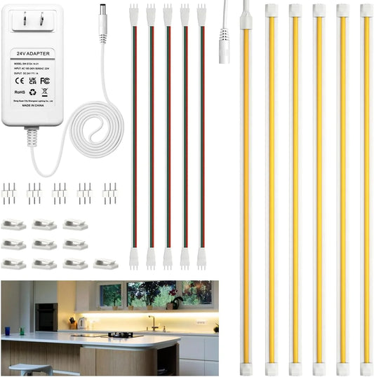 Under Cabinet Lighting, 6 PCS Dimmable COB LED Strip Lights with Adapter, 3000K Warm White
