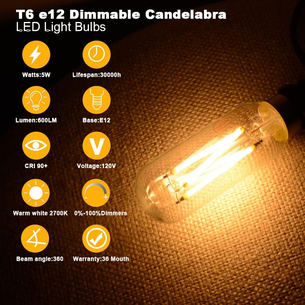 6-Pack ETL Listed Vintage Filament E12 LED Bulb Dimmable 60 Watt Equivalent, Warm White 2700K