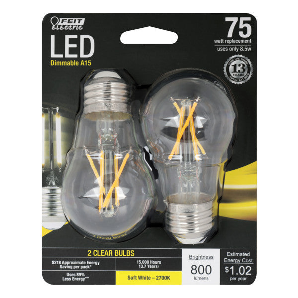 Feit Electric 8.5W (75W Replacement) A15 Shape (E26 Base)  Dimmable Bulb (2 Pack)