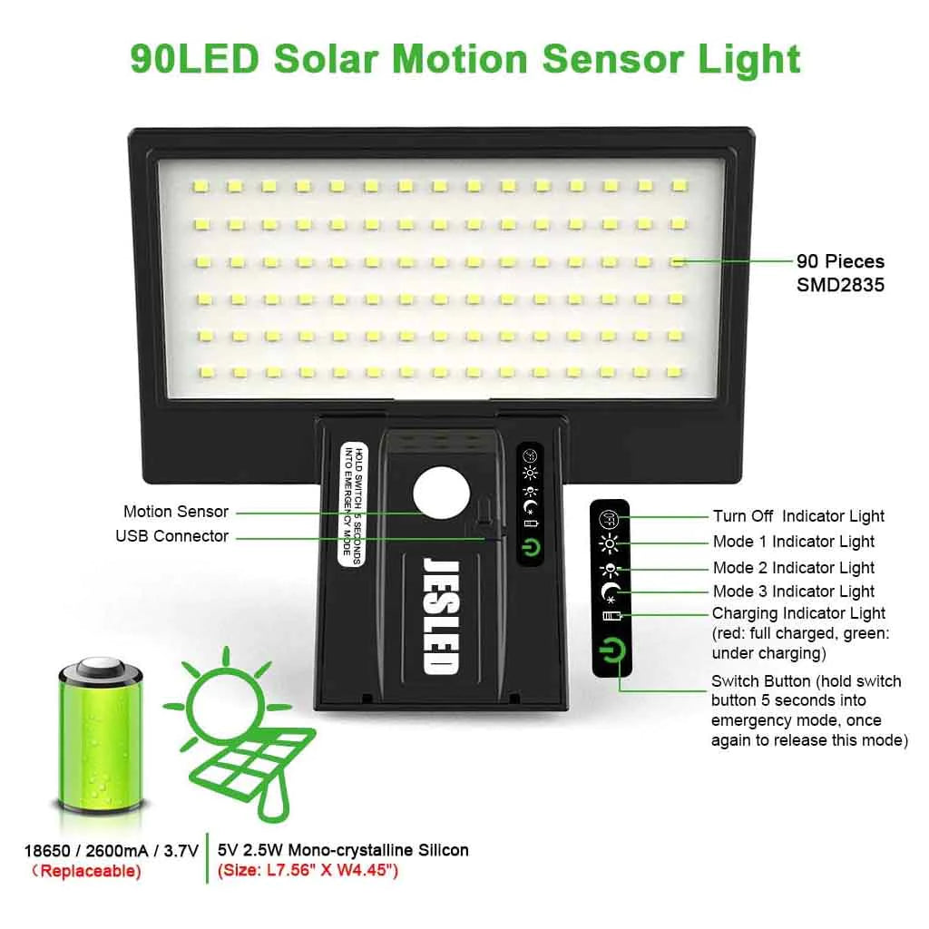 JESLED 90 LED Solar Outdoor Motion Light With Remote