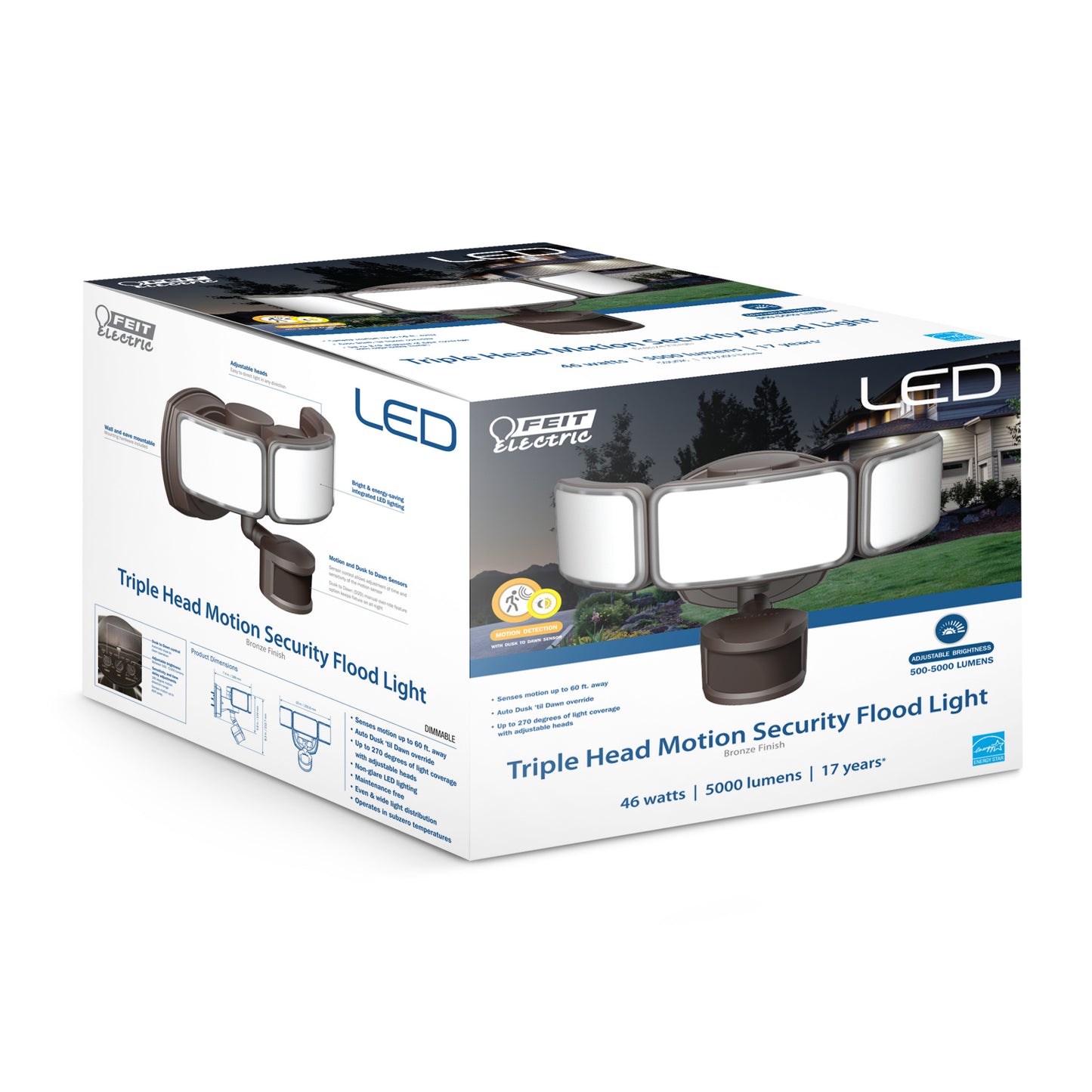 46W Daylight (5000K) Bronze Triple Head Dusk to Dawn Motion Sensor LED Flood Light