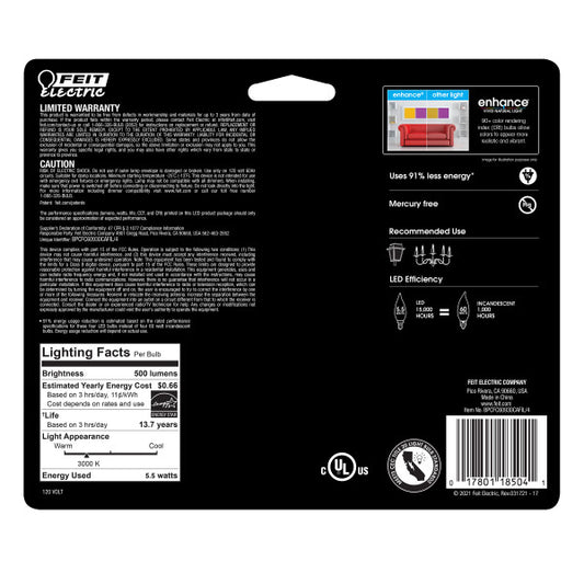 Feit Electric 5.5W (60W Replacement) Bright White (3000K) E12 Base BA10 Flame Tip Filament LED Bulb