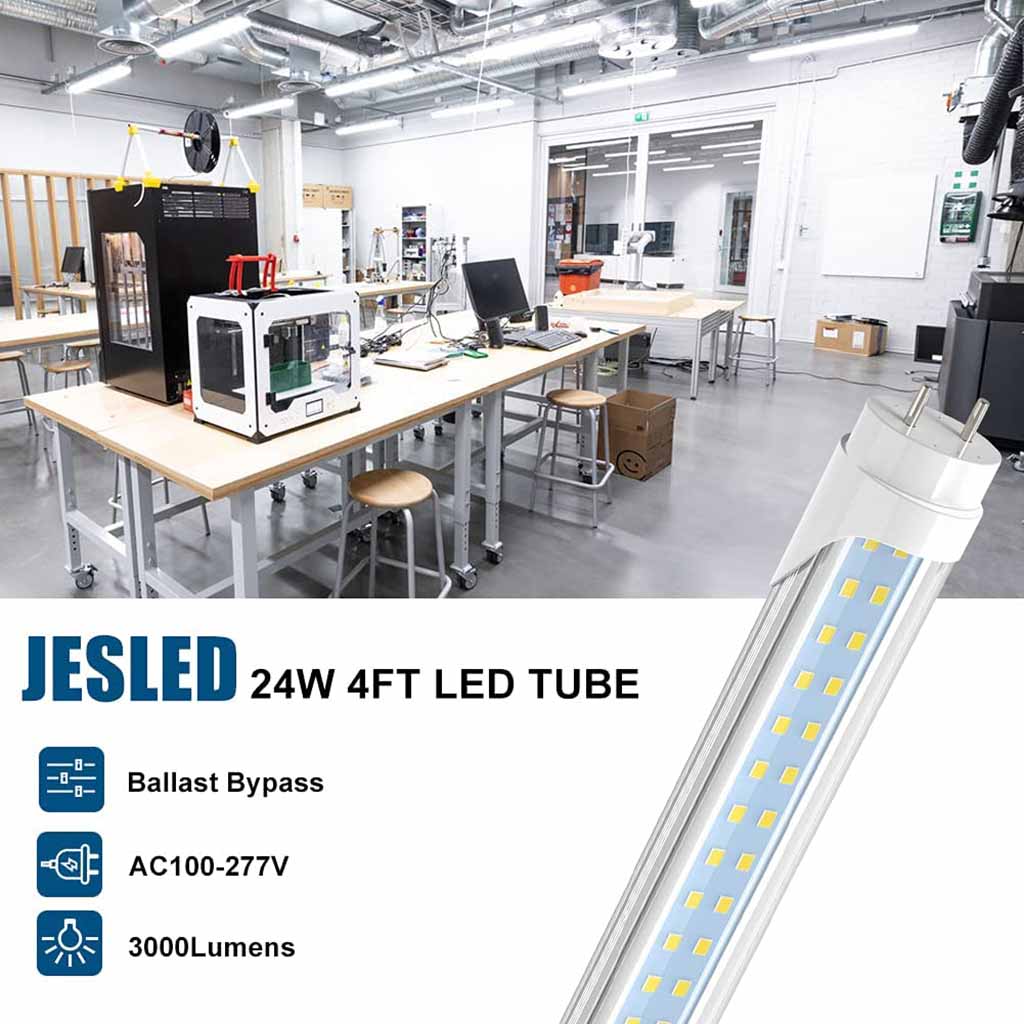 JESLED Dual Row 24W 4FT LED Tube Bulbs Clear Cover