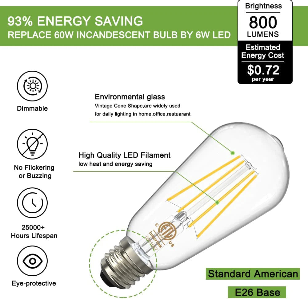 Dimmable Vintage ST58 Filament LED Edison Bulbs, 6W 800LM