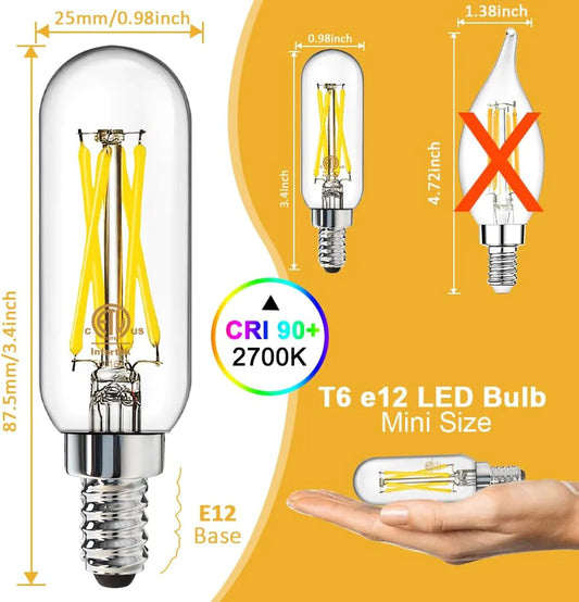6-Pack ETL Listed Vintage Filament E12 LED Bulb Dimmable 60 Watt Equivalent, Warm White 2700K