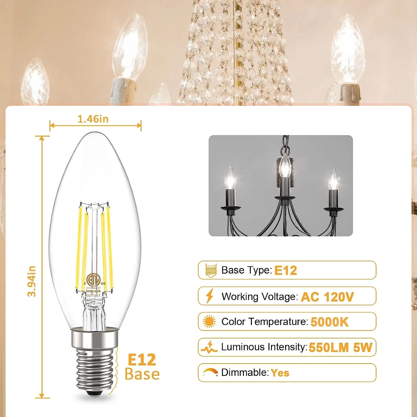 E12 Candelabra Bulb 60 Watt, Dimmable Led Chandelier Light Bulbs
