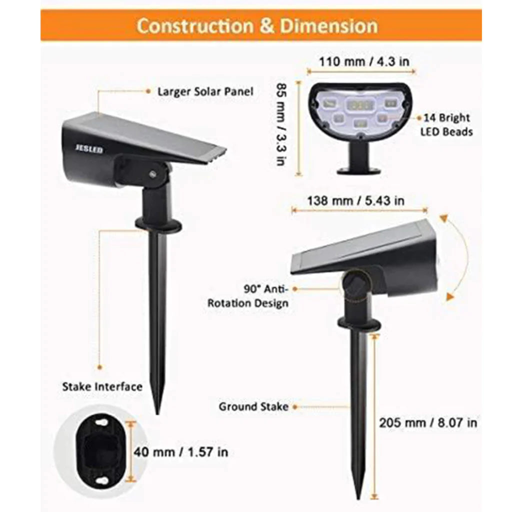 JESLED 14 LED Outdoor Solar Spot Lights Bright White 6500K