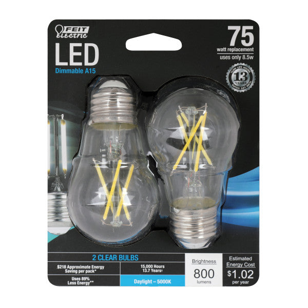 Feit Electric 8.5W (75W Replacement) A15 Shape (E26 Base)  Dimmable Bulb (2 Pack)